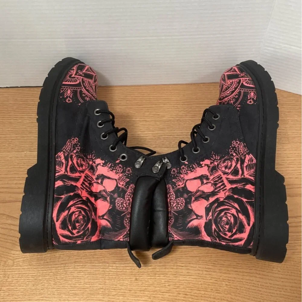 Raad Shop Black Red Boots Mens 13M w Floral Mandala Pattern Lace Up Goth Grunge